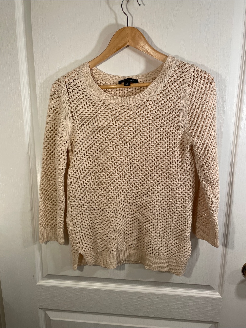 Ann Taylor Cream Open-Knit Crochet Crewneck Sweater